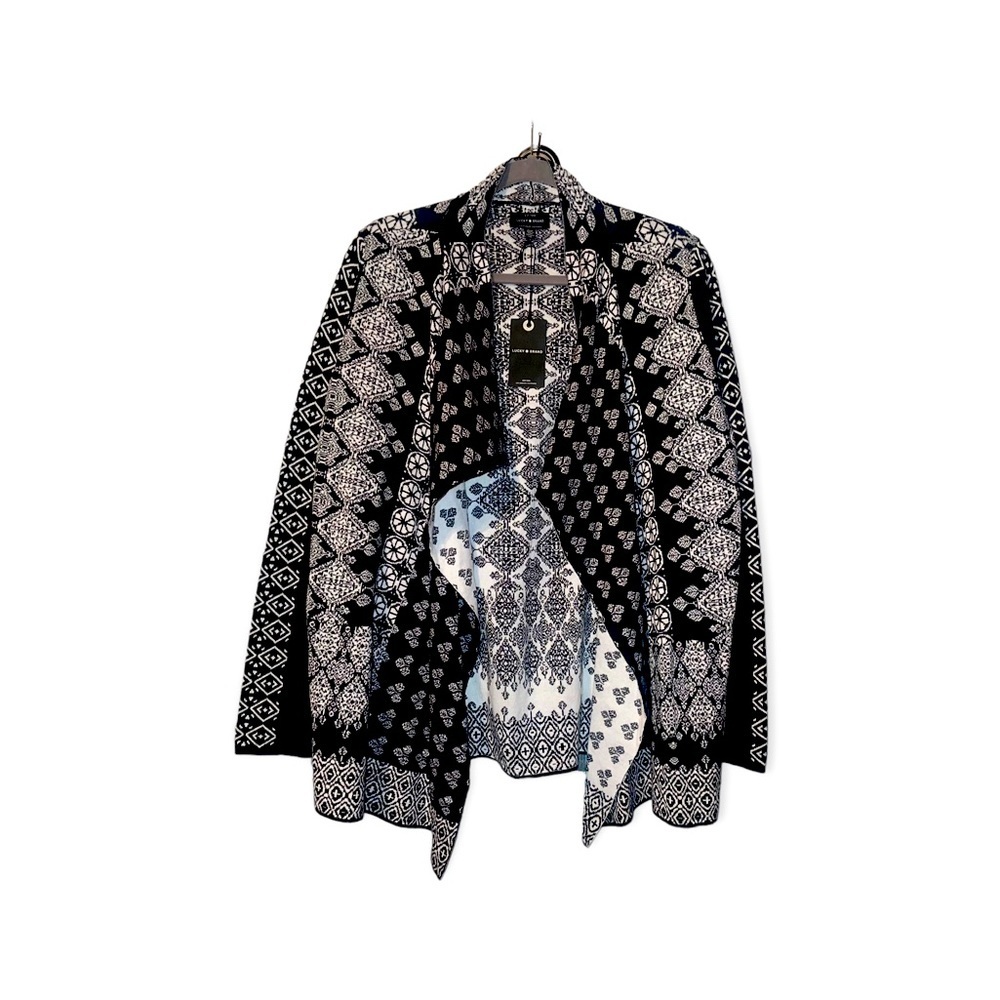 LUCKY BRAND Black & White Aztec Design Waterfall Drape Cardigan Sweater M NWT